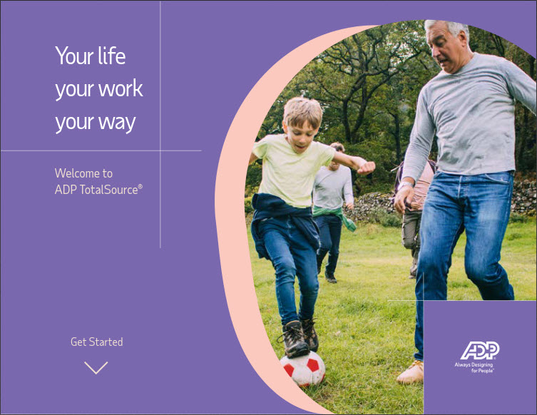 An adult and a child play soccer together on a grassy field, surrounded by trees. The image includes a promotional banner for ADP TotalSource with a "get started" button.